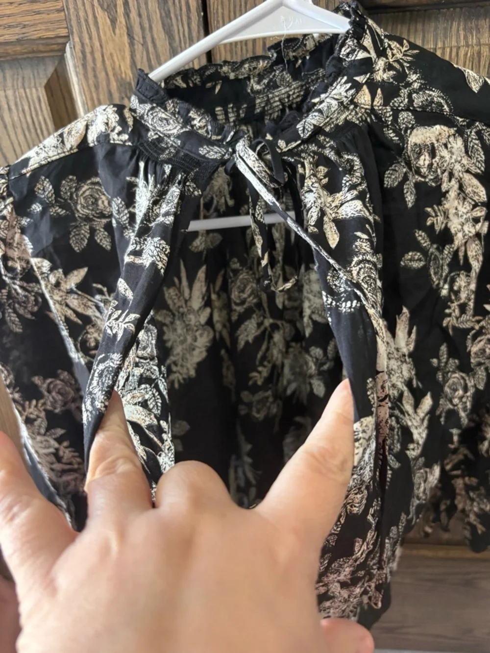 Free People Black Floral Smocked-Neck Peasant Blouse